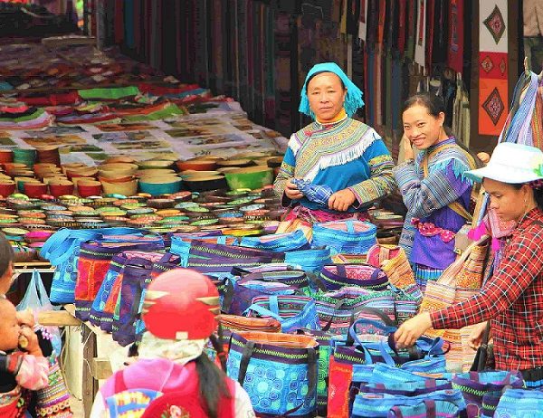 Colorful ethnic minority market in the mountains of Bac Ha