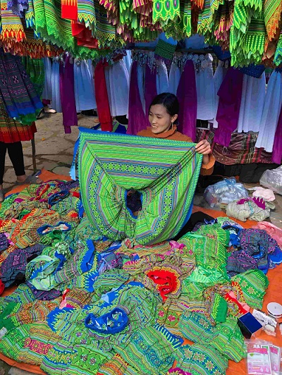 Colorful fabrics of Bac Ha market
